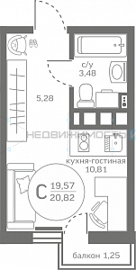1 комн., 19.57м2, 6/17, Меридиан Юг, Тюмень