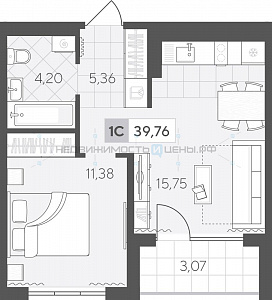 1 комн., 39.77м2, 4/4, Скандиа. Квартал у озера, Тюмень