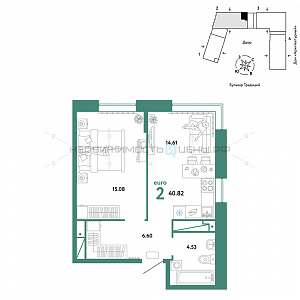 2 комн., 40.82м2, 15/15, Домашний, Тюмень