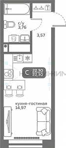 1 комн., 22.3м2, 2/20, Меридиан Слобода, Тюмень