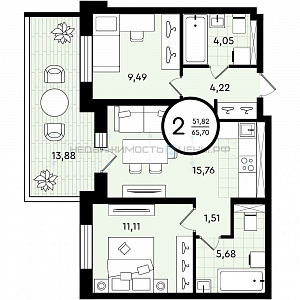 2 комн., 65.7м2, 1/4, Зеленые Аллеи, Тюмень
