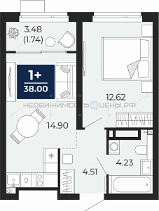 1 комн., 39.74м2, 3/23, Тюмень