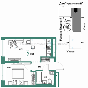 2 комн., 35.63м2, 2/15, Домашний, Тюмень