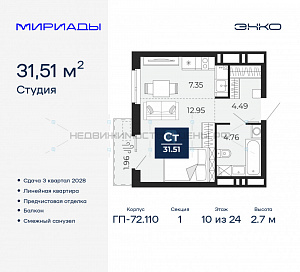 1 комн., 31.51м2, 10/24, Тюмень