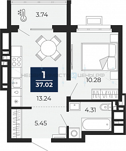 1 комн., 37.02м2, 5/23, Тюмень