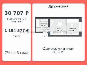 1 комн., 28.3м2, 10/14, Дружеский, Тюмень