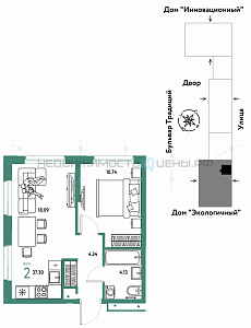 2 комн., 37.3м2, 15/15, Домашний, Тюмень