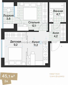 1 комн., 43.19м2, 3/4, Эклипт, Тюмень