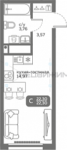 1 комн., 22.3м2, 10/20, Меридиан Слобода, Тюмень