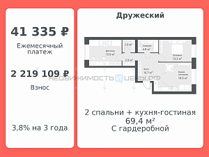 2 комн., 69.4м2, 10/14, Дружеский, Тюмень