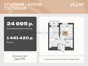 1 комн., 36.9м2, 23/23, Баланс, Тюмень