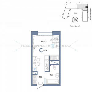 Студия, 22.01м2, 10/15, Домашний, Тюмень