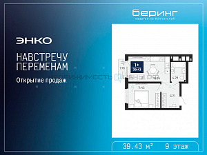 1 комн., 39.43м2, 9/19, Тюмень