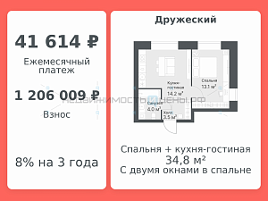 2 комн., 34.8м2, 3/8, Дружеский, Тюмень