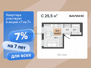 Студия, 25.5м2, 23/23, Баланс, Тюмень