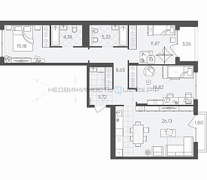 3 комн., 98.14м2, 3/9, Скандиа. Квартал в Комарово Парк, Тюмень