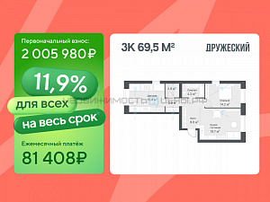 3 комн., 69.5м2, 8/8, Дружеский, Тюмень