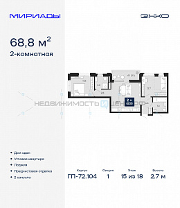 2 комн., 68.8м2, 15/18, Тюмень