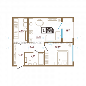 1 комн., 51.28м2, 3/4, Озерный, Тюмень