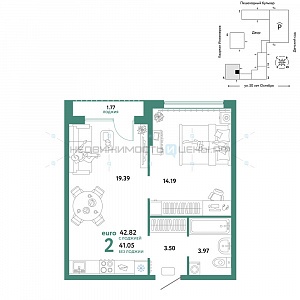 2 комн., 42.82м2, 9/25, Сердце Сибири, Тюмень