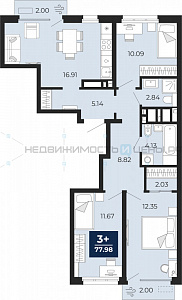 3 комн., 77.98м2, 9/19, Тюмень