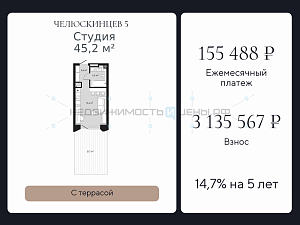 Студия, 45.2м2, 2/9, Челюскинцев 5, Тюмень