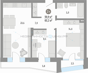 2 комн., 56.9м2, 2/4, Кипрея. Квартиры, Тюмень