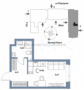Студия, 24.86м2, 2/16, Авторский, Тюмень