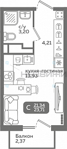 1 комн., 21.34м2, 7/21, Меридиан Слобода, Тюмень