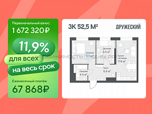 3 комн., 52.5м2, 12/14, Дружеский, Тюмень