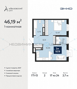 1 комн., 46.19м2, 17/24, Айвазовский City, Тюмень