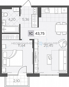 1 комн., 43.75м2, 2/4, Скандиа. Квартал у озера, Тюмень