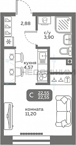 1 комн., 22.55м2, 2/20, Меридиан Слобода, Тюмень