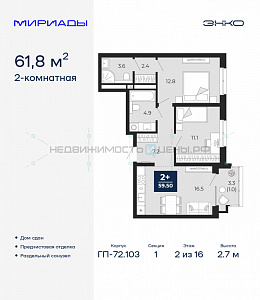 2 комн., 61.8м2, 2/16, Тюмень