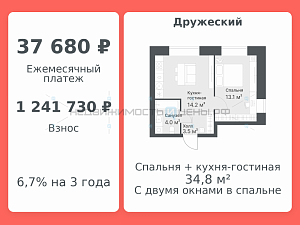 2 комн., 34.8м2, 2/8, Дружеский, Тюмень