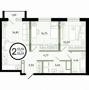 2 комн., 55.09м2, 3/4, Зеленые Аллеи, Тюмень