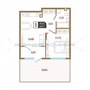 1 комн., 40.85м2, 1/4, Озерный, Тюмень