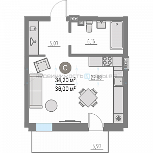 1 комн., 33.6м2, 2/4, Кипрея. Квартиры, Тюмень