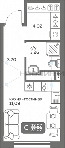 1 комн., 22.07м2, 4/20, Меридиан Слобода, Тюмень
