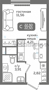 1 комн., 22.5м2, 14/21, Меридиан Слобода, Тюмень