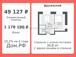 2 комн., 34.8м2, 6/8, Дружеский, Тюмень