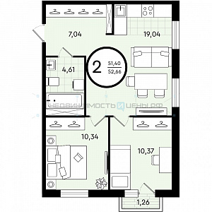 2 комн., 52.66м2, 3/4, Зеленые Аллеи, Тюмень