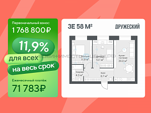 2 комн., 58м2, 9/14, Дружеский, Тюмень