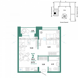 2 комн., 38.01м2, 14/15, Домашний, Тюмень