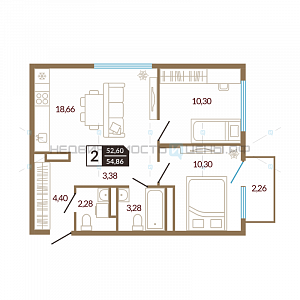 2 комн., 54.86м2, 2/4, Озерный, Тюмень
