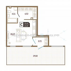 Студия, 35.02м2, 1/4, Озерный, Тюмень