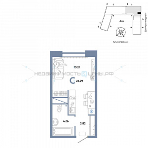 Студия, 22.29м2, 3/15, Домашний, Тюмень