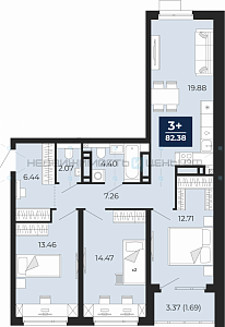 3 комн., 84.06м2, 14/22, Тюмень