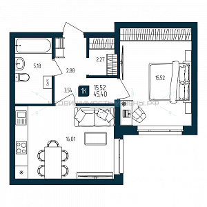 1 комн., 45.4м2, 2/25, Квартал Мятный, Тюмень