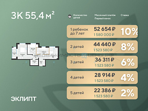 2 комн., 57.2м2, 4/4, Эклипт, Тюмень